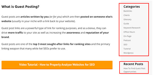 Examples of sidebar links on our site.