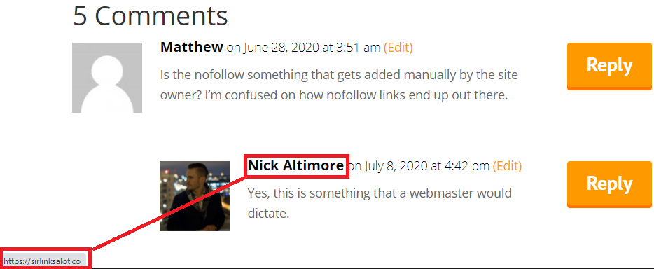 Example of a blog comment backlink.