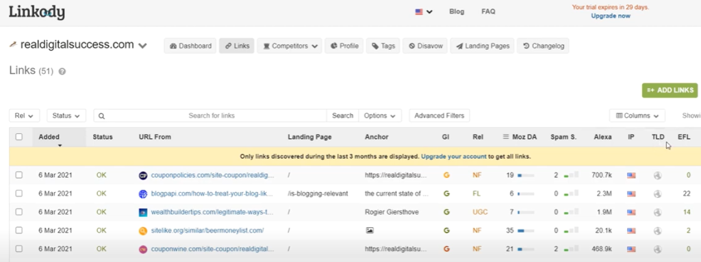 Tracking our backlinks in Linkody.