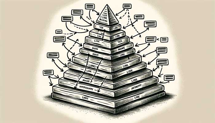 A visualization of a link building pyramid, or tiered link building.