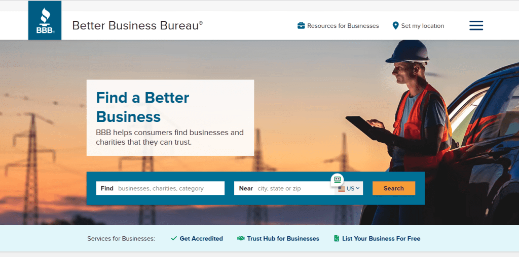 Homepage of Better Business Bureau website that is a trusted source of backlinks for a business website.