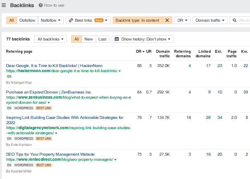 List of 4 high DR contextual links pointing to SirLinksalot website from Ahrefs in referring domains report.