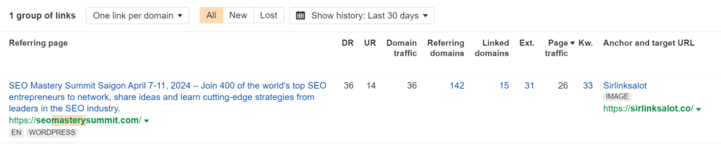 Ahrefs dashboard showing a backlink from the SEO Mastery Summit website.