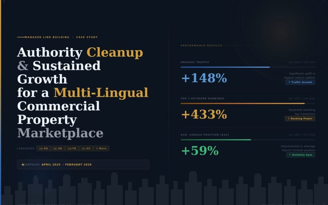 Managed Link Building Case Study – Authority Cleanup and Sustained Growth for a Multi-Lingual Commercial Property Marketplace