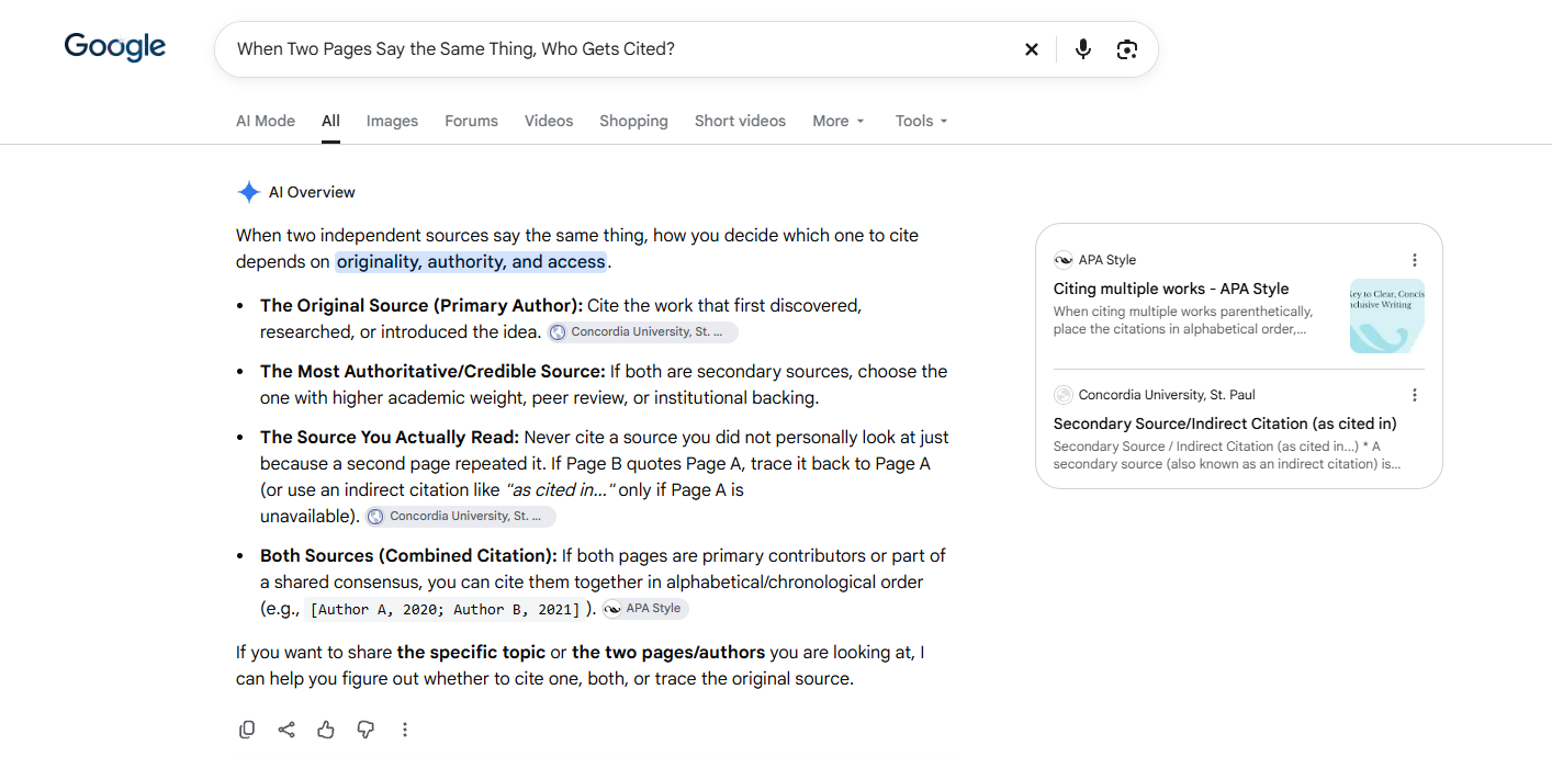 When Two Pages Say the Same Thing, Who Gets Cited?